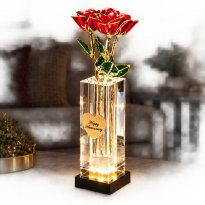 3 Illuminated 11" Trimmed 24k Gold Roses in 8" Personalized Crystal Vase